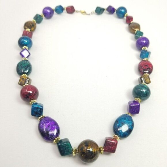 Vintage Beaded Jewel Tone Necklace, 23 Inches Long Single Strand Retro 80s Style - Picture 6 of 8
